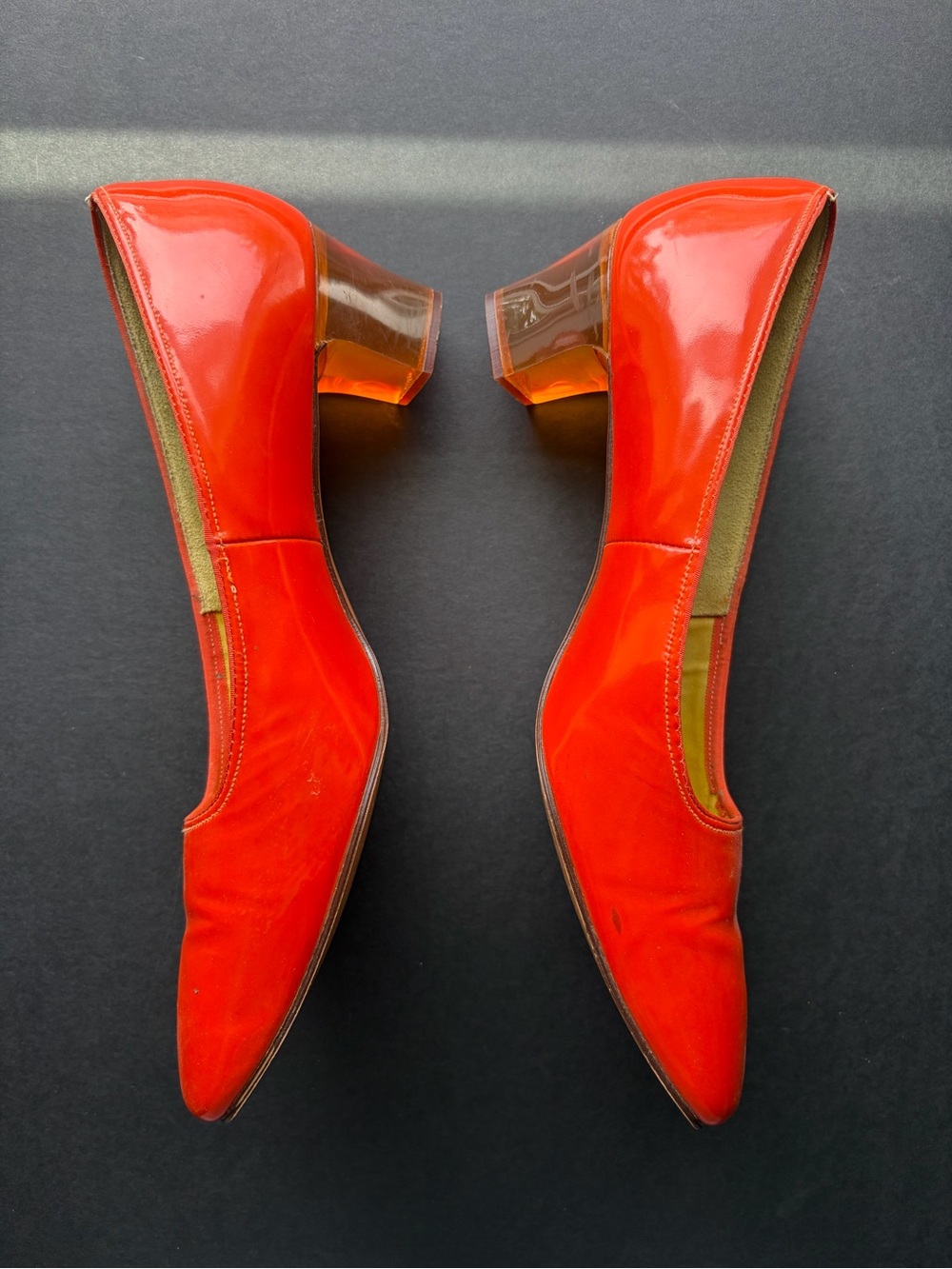 Vintage 60s Life Stride Orange Patent Lucite Heel Pumps Mod Size 9